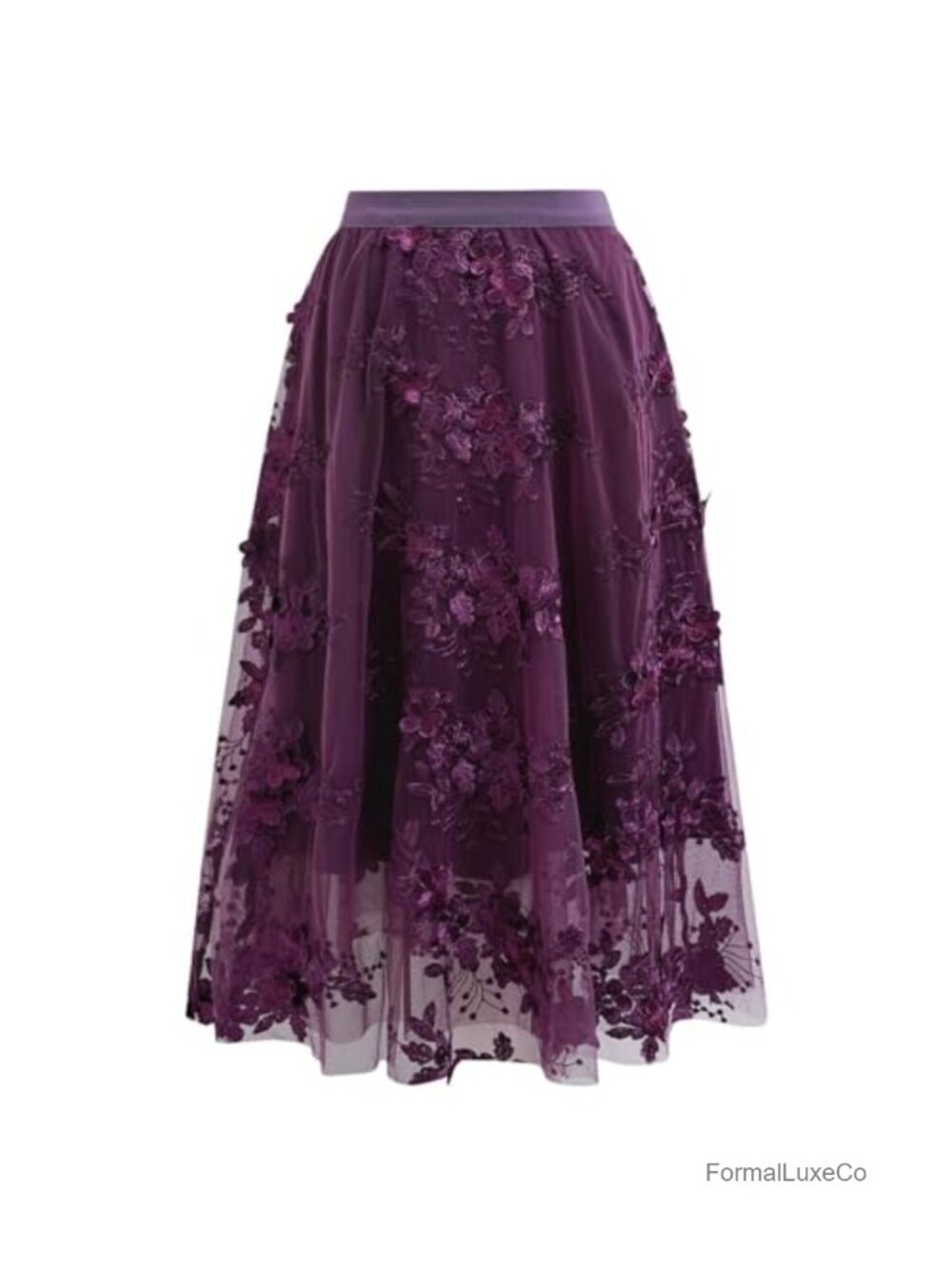 3D Floral Embroidered Tulle Skirt A-Line Elastic Waist Mesh Midi
